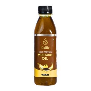 Bottle of Rulife cold pressed mustard oil on a white background