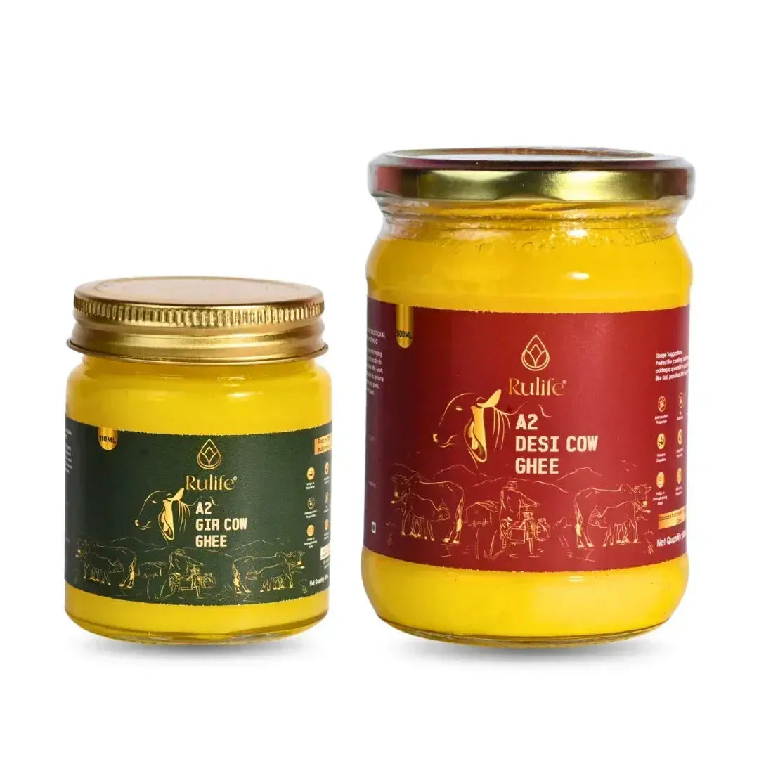 Two jars of Rullie A2 Desi Cow Ghee with gold and red labels on a white background