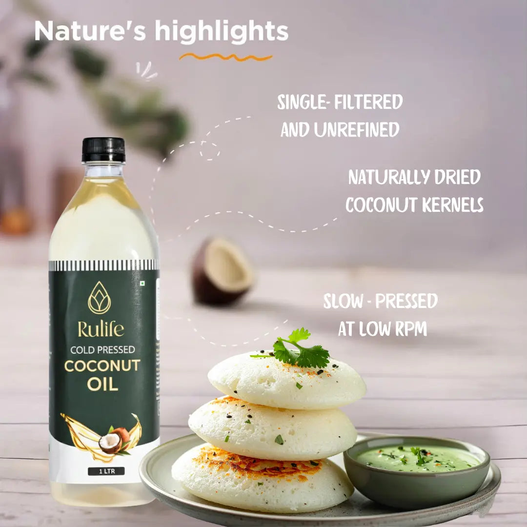 Rulife coconut oil bottle with a plate of dosas and chutney on a wooden surface.