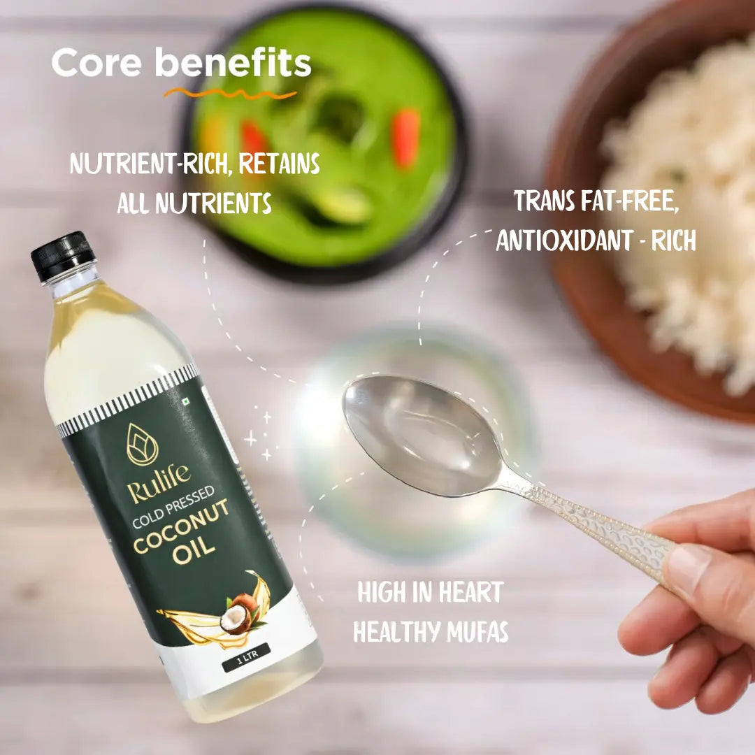 Rulife cold pressed coconut oil bottle with a spoon and food items on a wooden surface