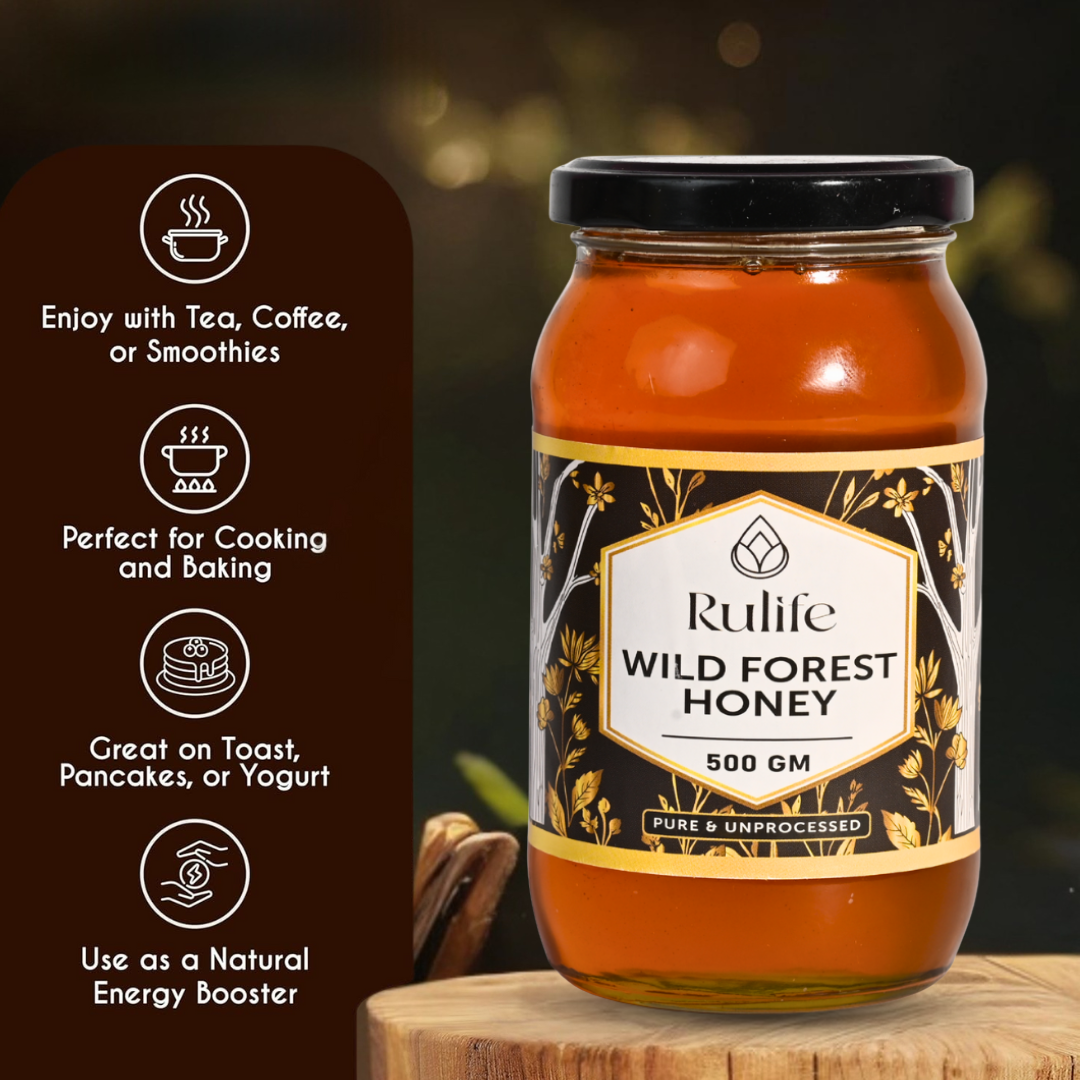 Jar of Rulife Wild Forest Honey with product details on a wooden surface