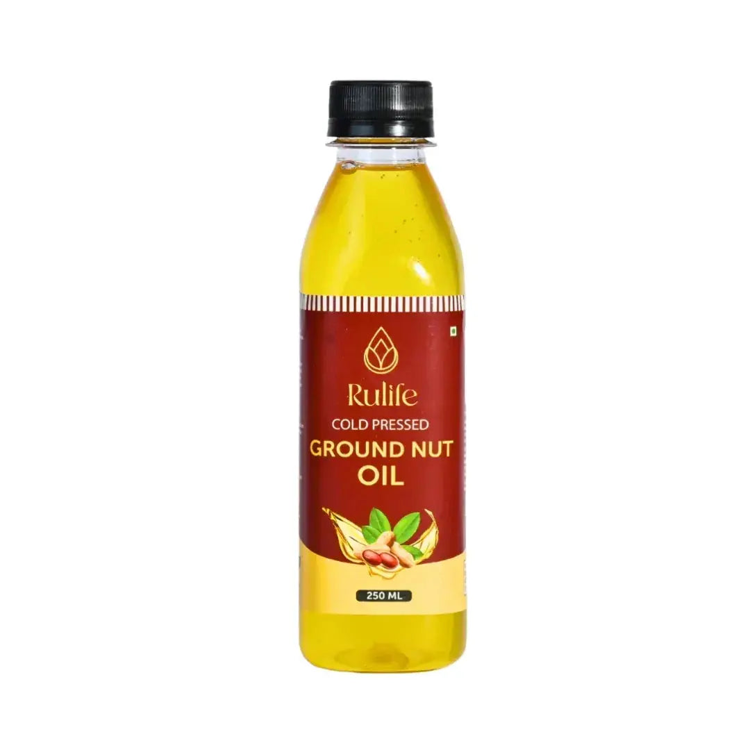 Bottle of Rulife cold pressed groundnut oil on a white background