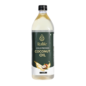 Bottle of Rulife cold pressed coconut oil on a white background