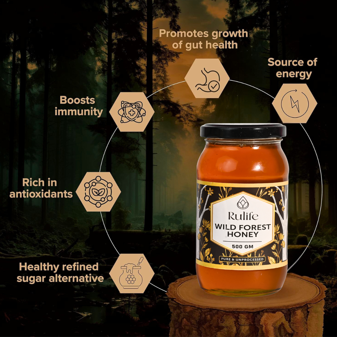 Jar of Rulife Wild Forest Honey with health benefits text on a forest background