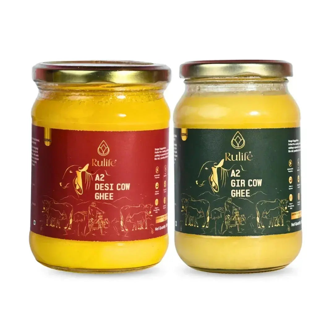 Two jars of Rulife A2 Desi Cow Ghee with different colored labels on a white background.