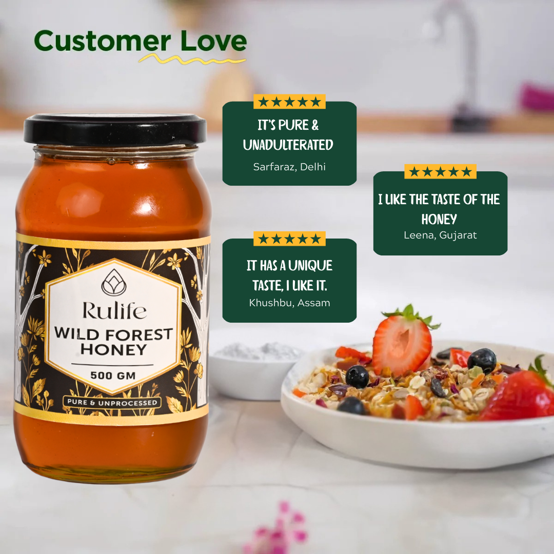 Jar of Rulife Wild Forest Honey with customer reviews on a kitchen counter.