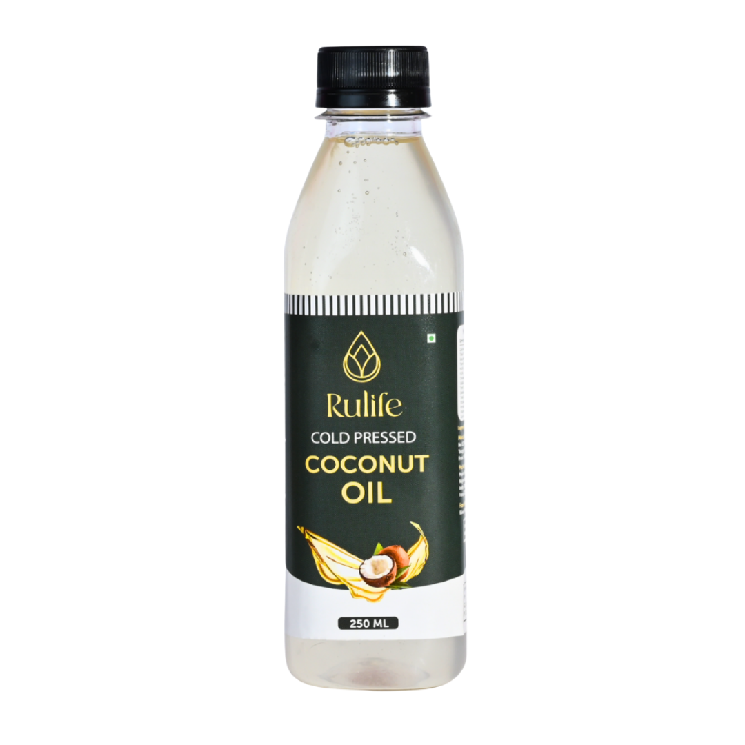 Bottle of Rulife cold pressed coconut oil on a white background