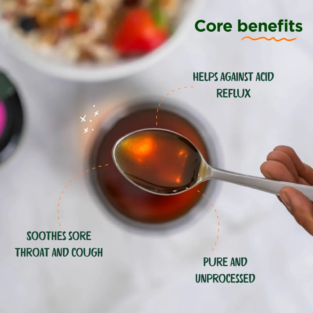 Spoon with honey over a bowl of cereal, highlighting core benefits on a white background.