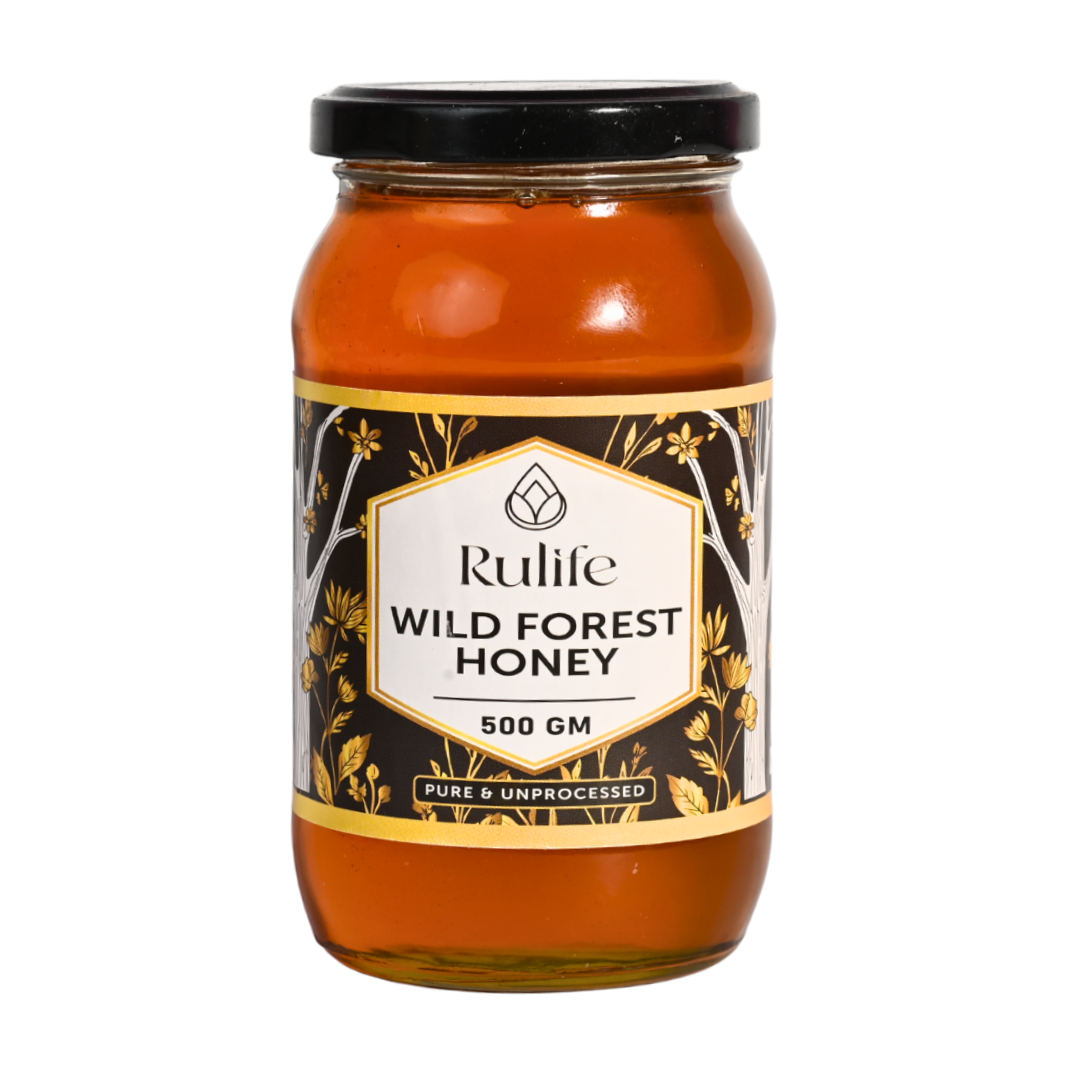 Jar of Rulife Wild Forest Honey on a white background