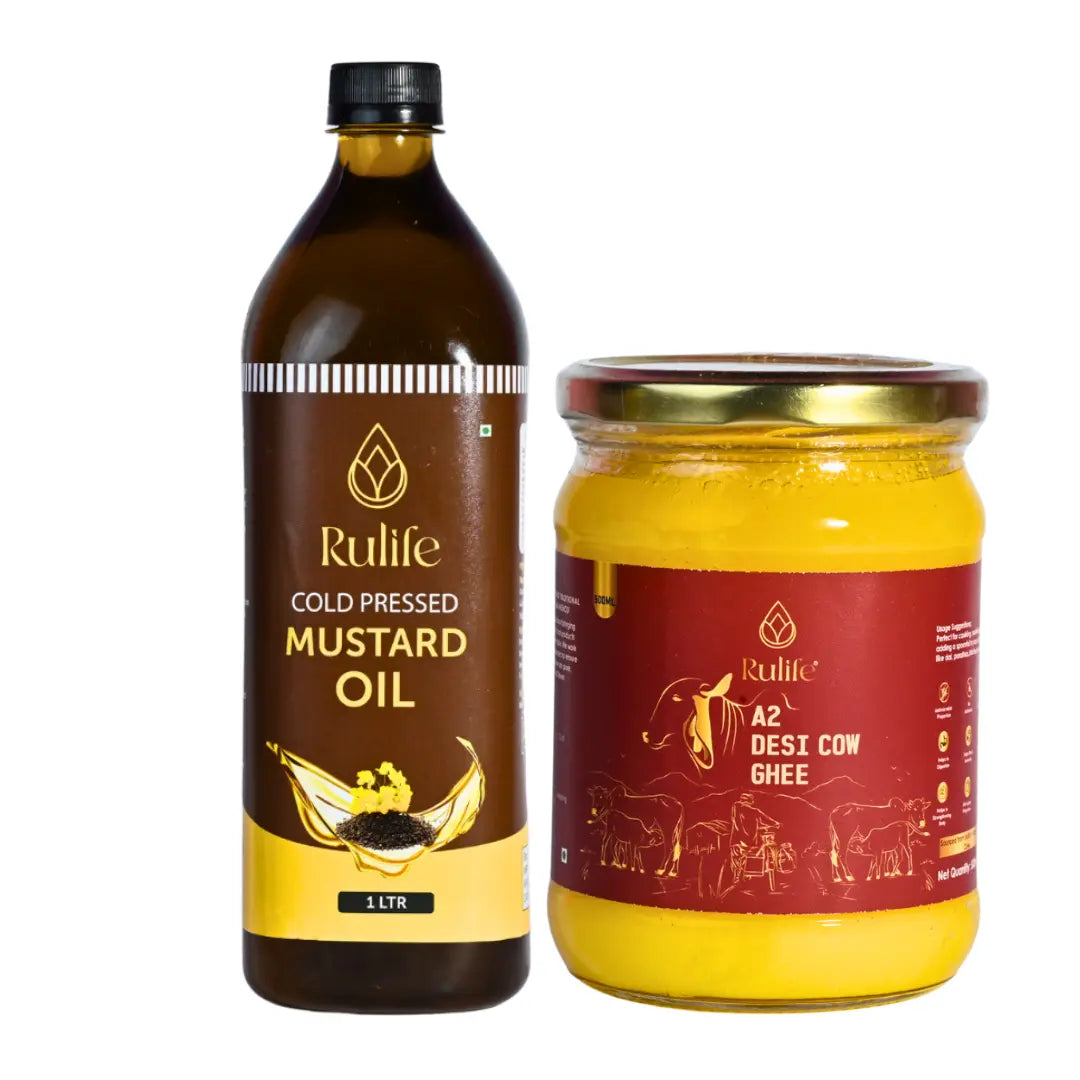 Bottle of Rulife cold pressed mustard oil and jar of A2 Desi cow ghee on a white background