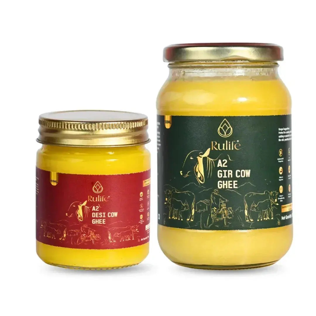 Two jars of Rulife A2 Desi Cow Ghee on a white background