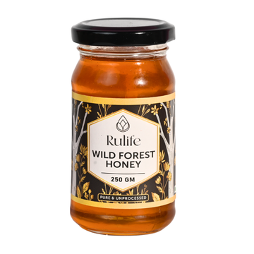 Jar of Rulife Wild Forest Honey on a white background