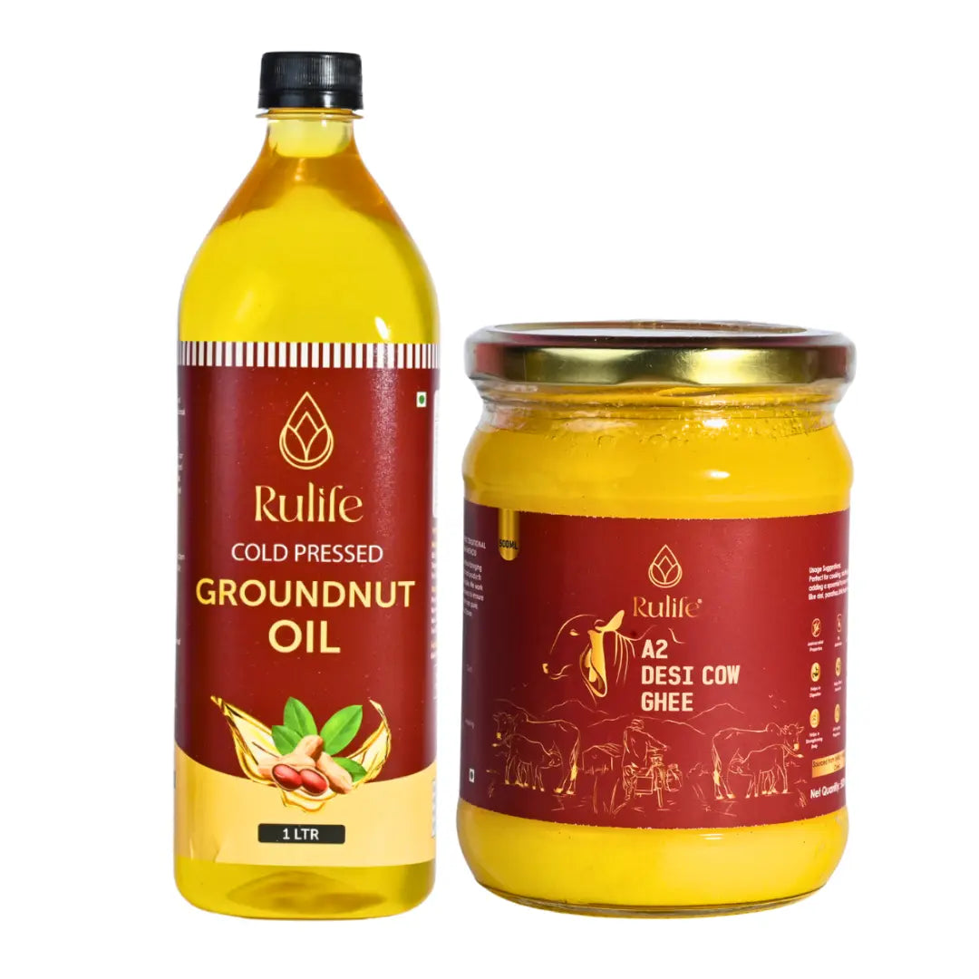 Bottle and jar of Rulife groundnut oil and desi cow ghee on a white background