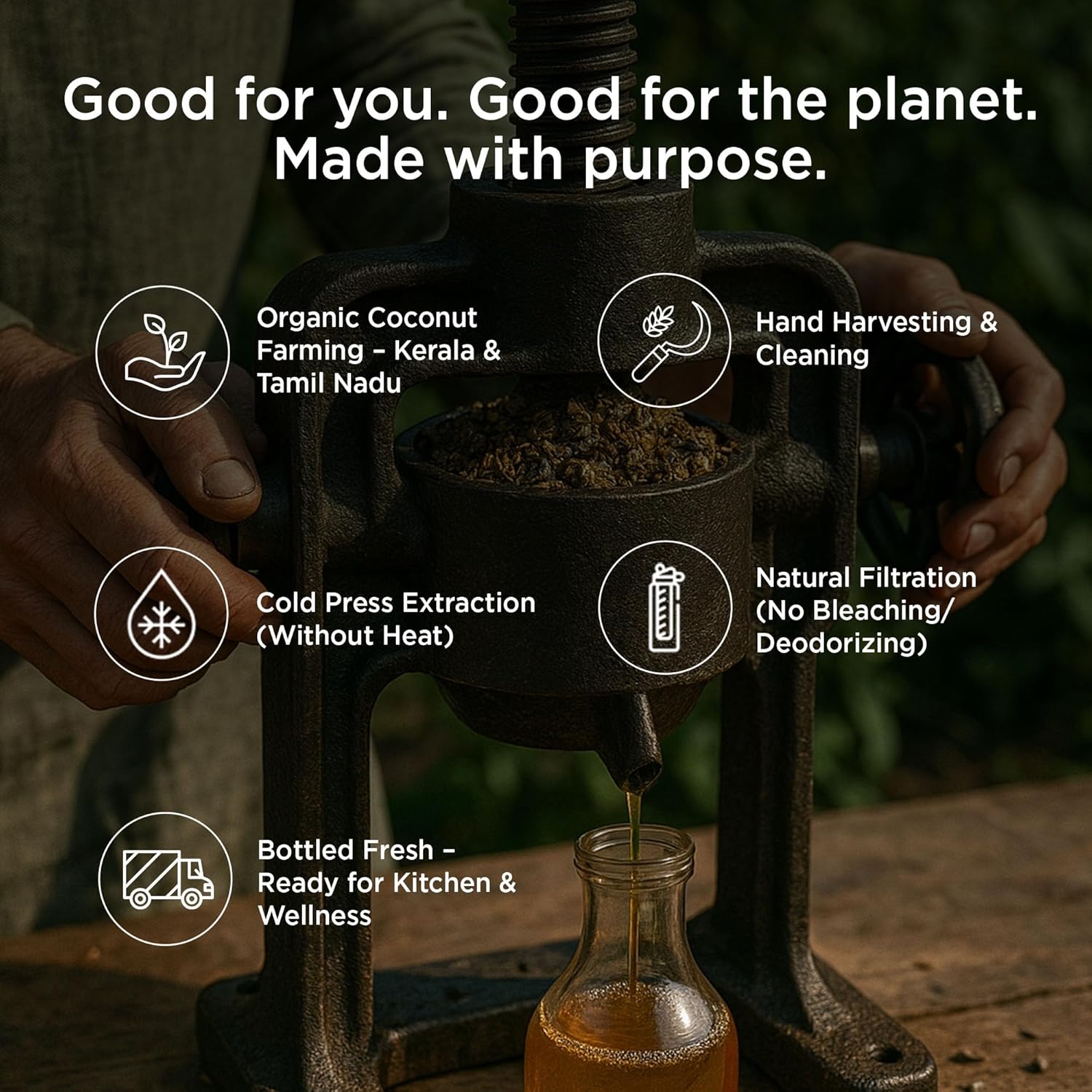Person pouring liquid into a bottle with text about organic coconut farming and extraction methods.