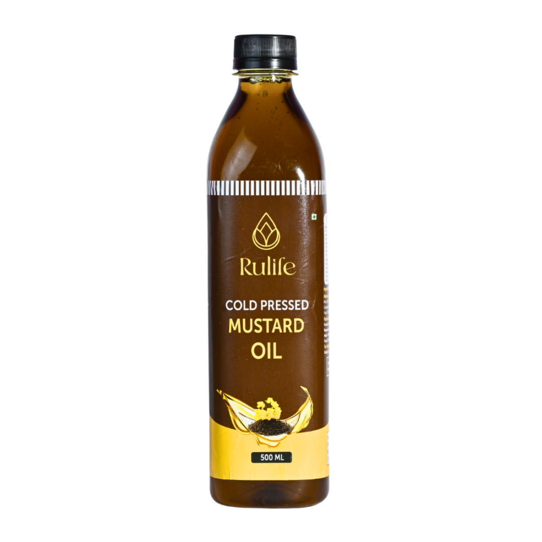 Bottle of Rulife cold pressed mustard oil on a white background