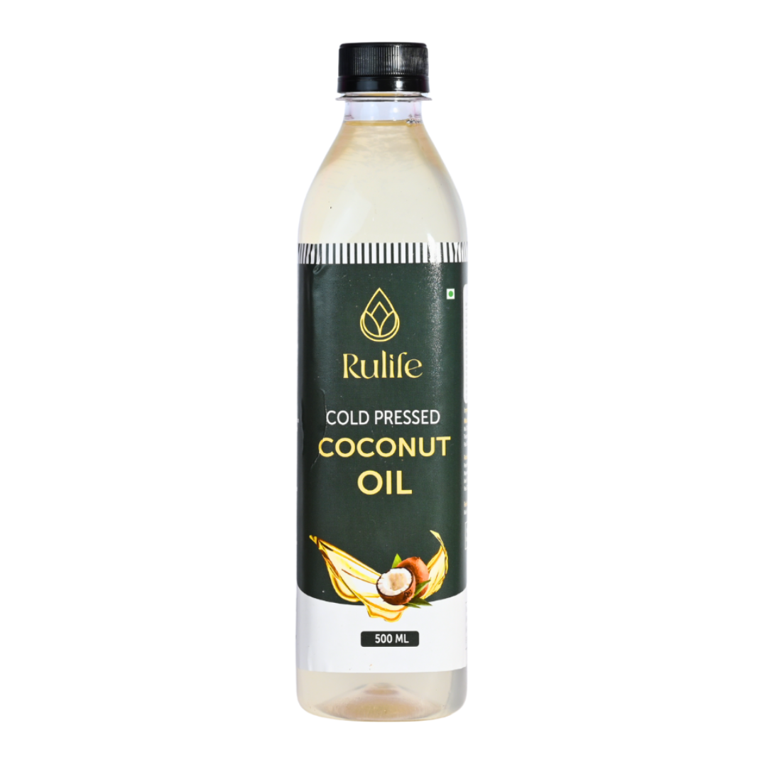 Bottle of Rulife cold pressed coconut oil on a white background