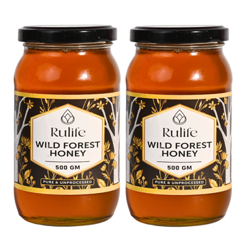 Two jars of Rulife Wild Forest Honey on a white background 1kg
