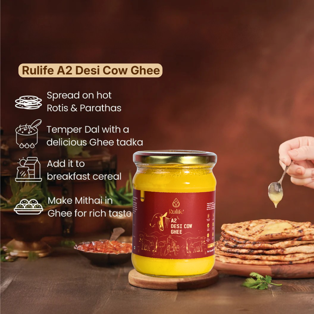 Jar of Rulife A2 Desi Cow Ghee with usage instructions on a wooden surface
