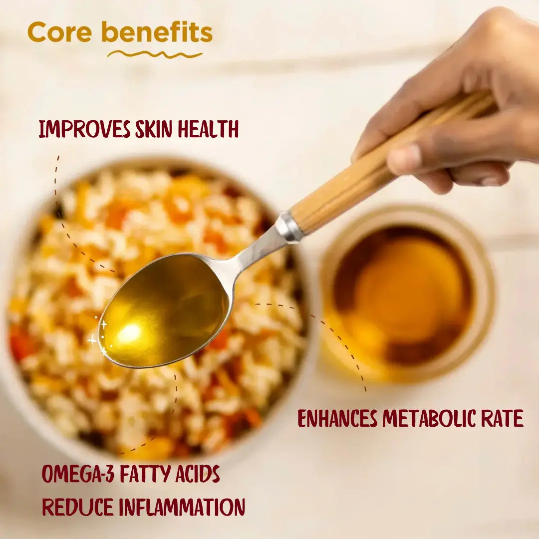 Spoon with oil over a dish, highlighting core benefits on a beige background. Rulife