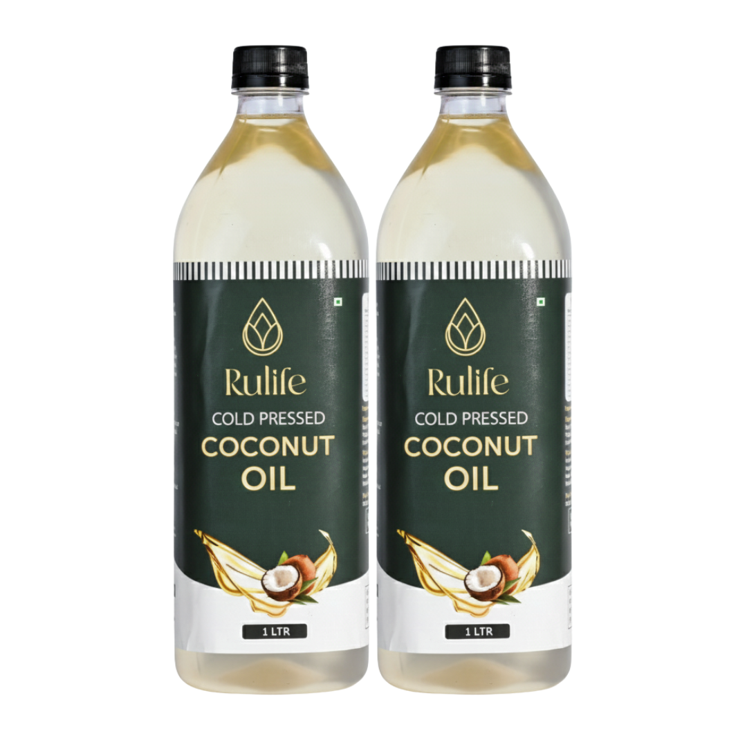 Two bottles of Rulife cold pressed coconut oil on a white background
