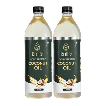 Two bottles of Rulife cold pressed coconut oil on a white background