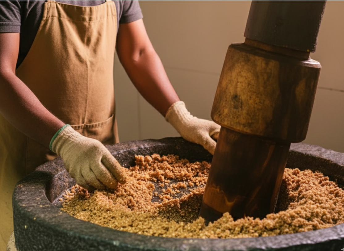 Traditional oil Extraction. Wood Pressed oil