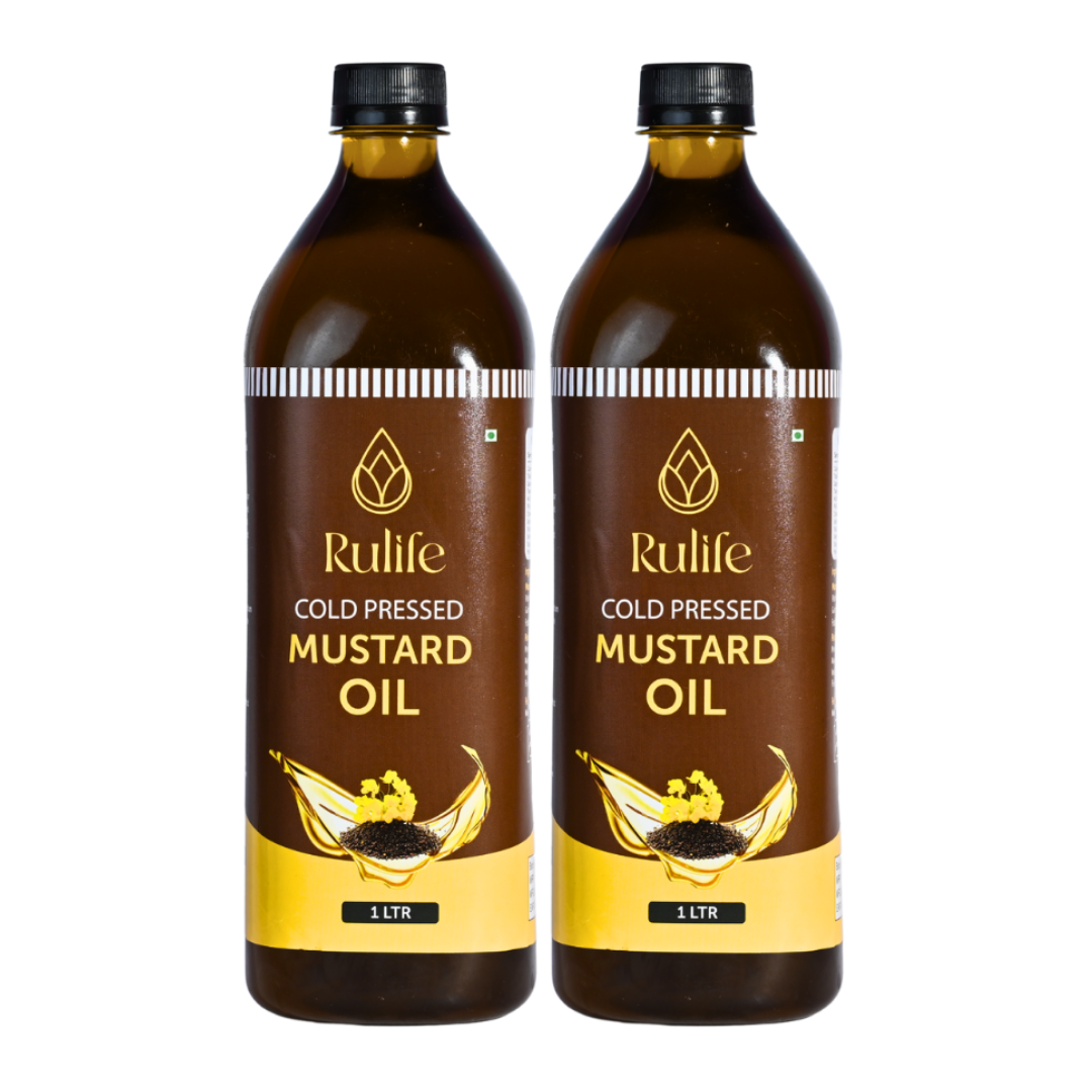 Two bottles of Rulife Cold Pressed Mustard Oil on a white background