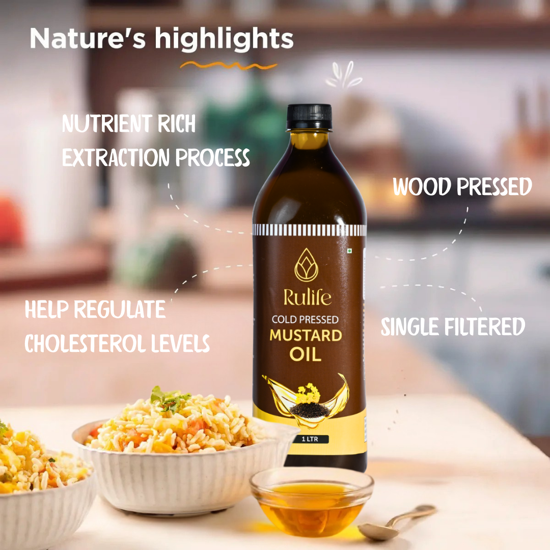 Rulife Mustard Oil bottle with nutritional benefits text on a blurred kitchen background