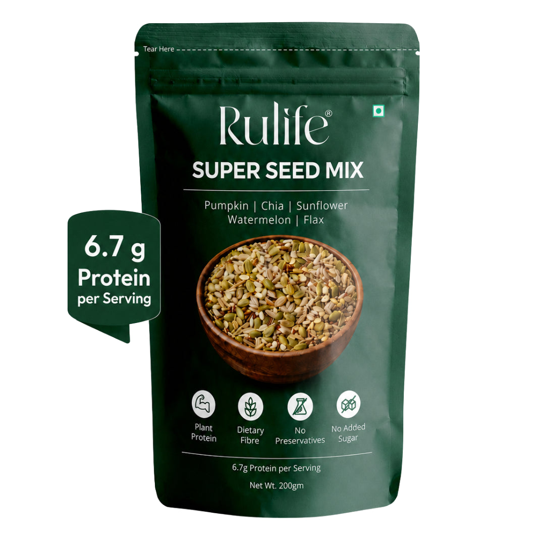Rulife Super Seed Mix 200g pack — raw unroasted blend of pumpkin, sunflower, watermelon, chia and flax seeds