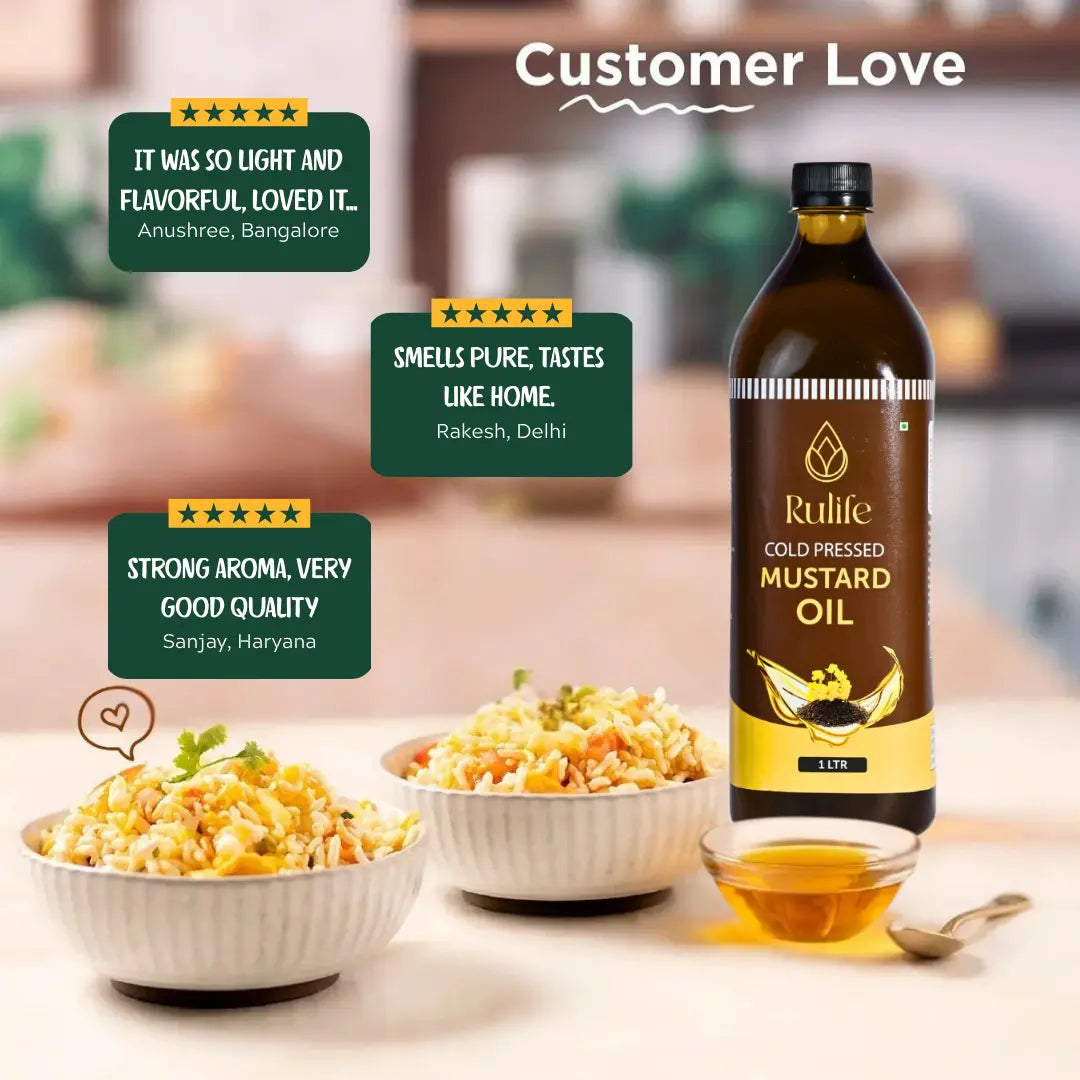 Rulife cold pressed mustard oil bottle with customer reviews and food dishes on a table.