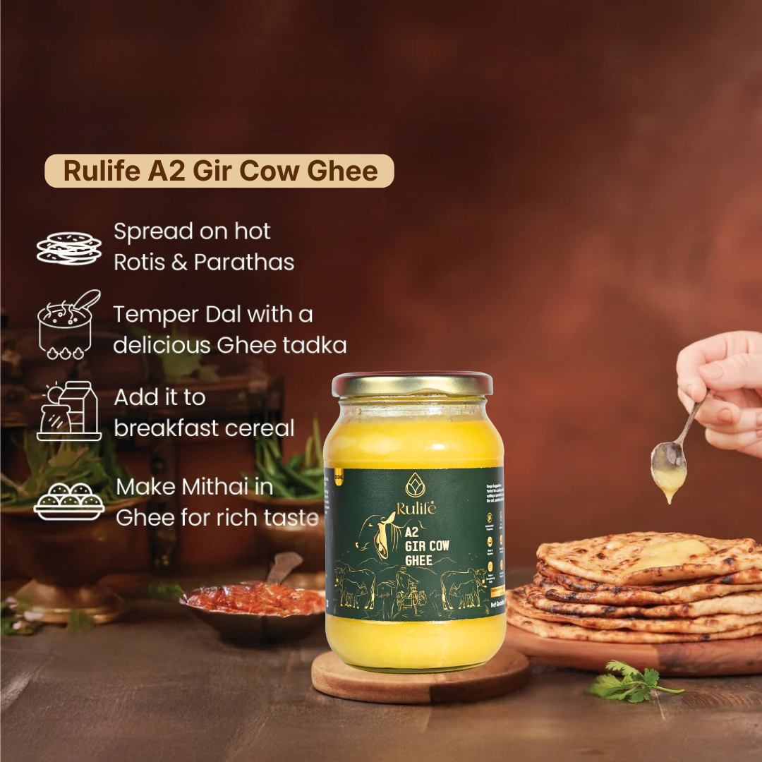 Pure Desi Gir Cow Ghee being poured on food for heart health and digestion