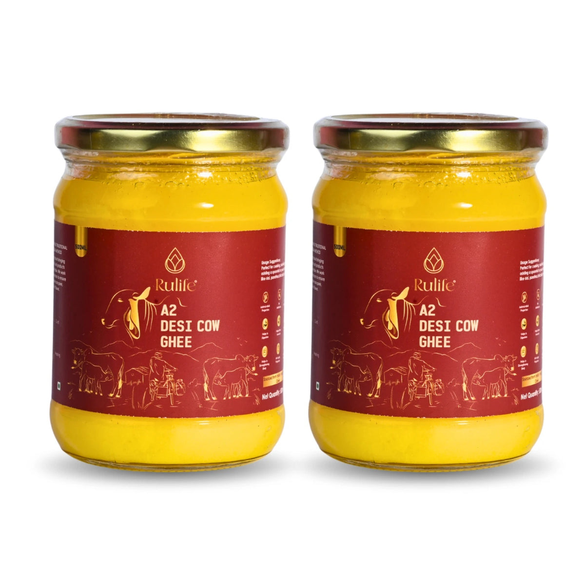 Rulife A2 Desi Cow Ghee 1 Litre, two 500 ML glass jars