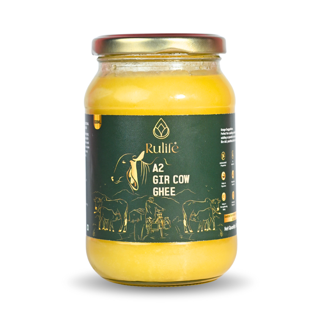 Rulife Premium A2 Gir Cow Ghee 500ml in Glass Jar - Vedic Bilona Method
