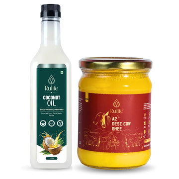 Rulife A2 desi cow ghee 500 ML and cold pressed coconut oil 1 litre combo pack