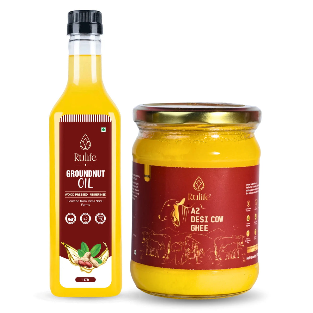 Rulife A2 desi cow ghee 500 ML and cold pressed groundnut oil 1 litre combo pack
