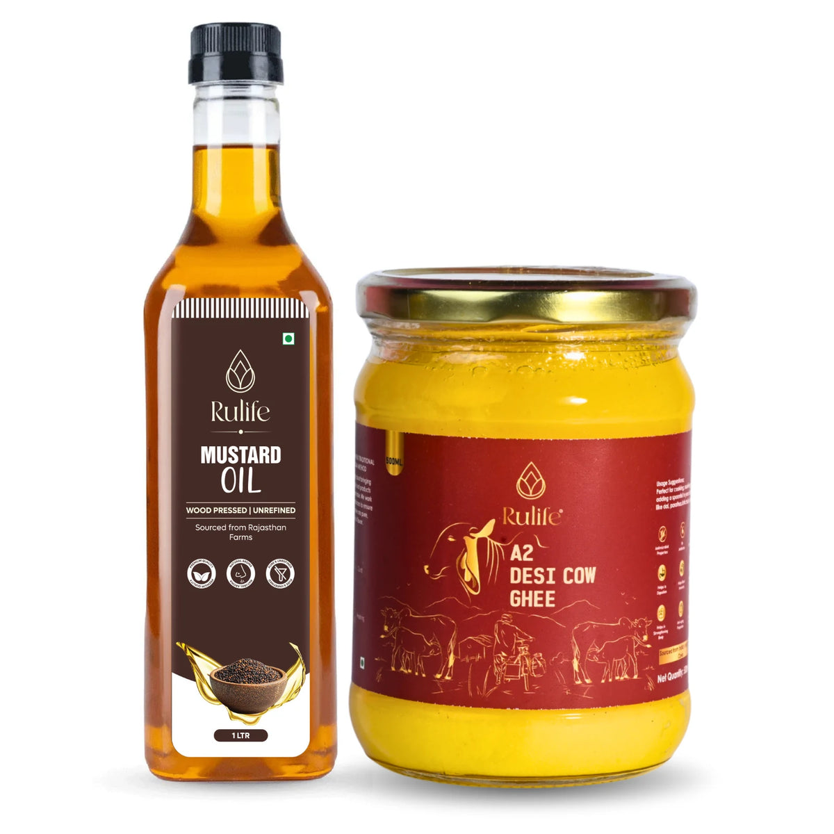 Rulife A2 desi cow ghee 500 ML and cold pressed mustard oil 1 litre combo pack