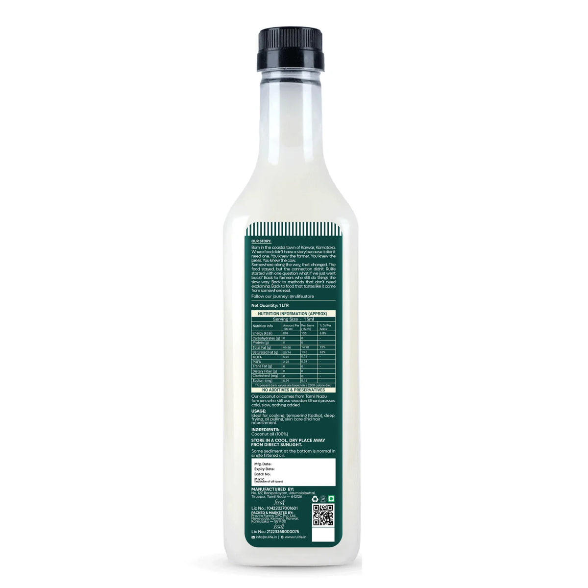 Rulife cold pressed coconut oil back label with nutrition information, ingredients and storage instructions