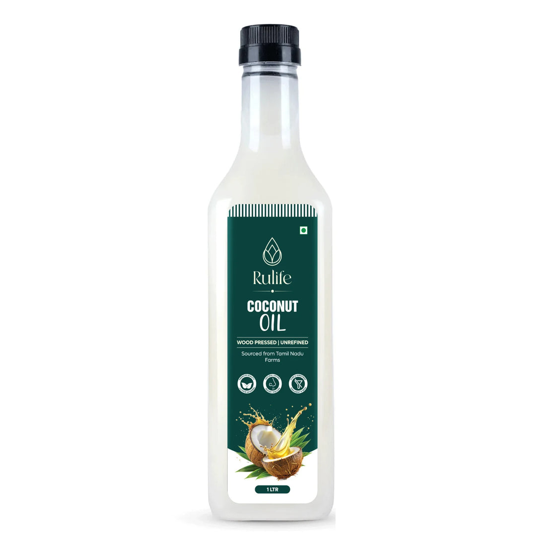 Rulife cold pressed coconut oil 1 litre glass bottle, wood pressed in a traditional Mara Chekku