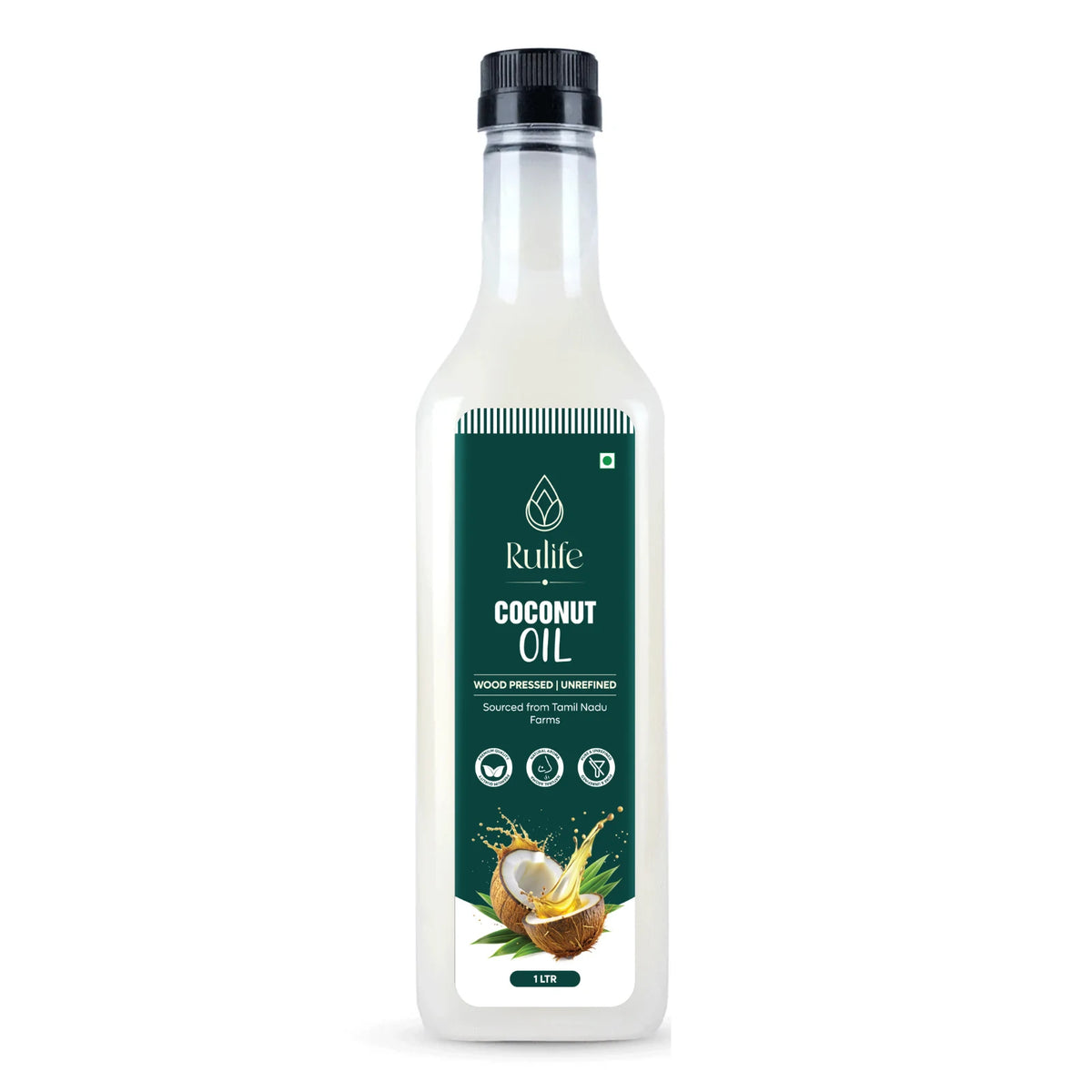 Rulife cold pressed coconut oil 1 litre glass bottle, wood pressed in a traditional Mara Chekku