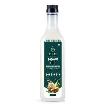 Rulife cold pressed coconut oil 1 litre glass bottle, wood pressed in a traditional Mara Chekku