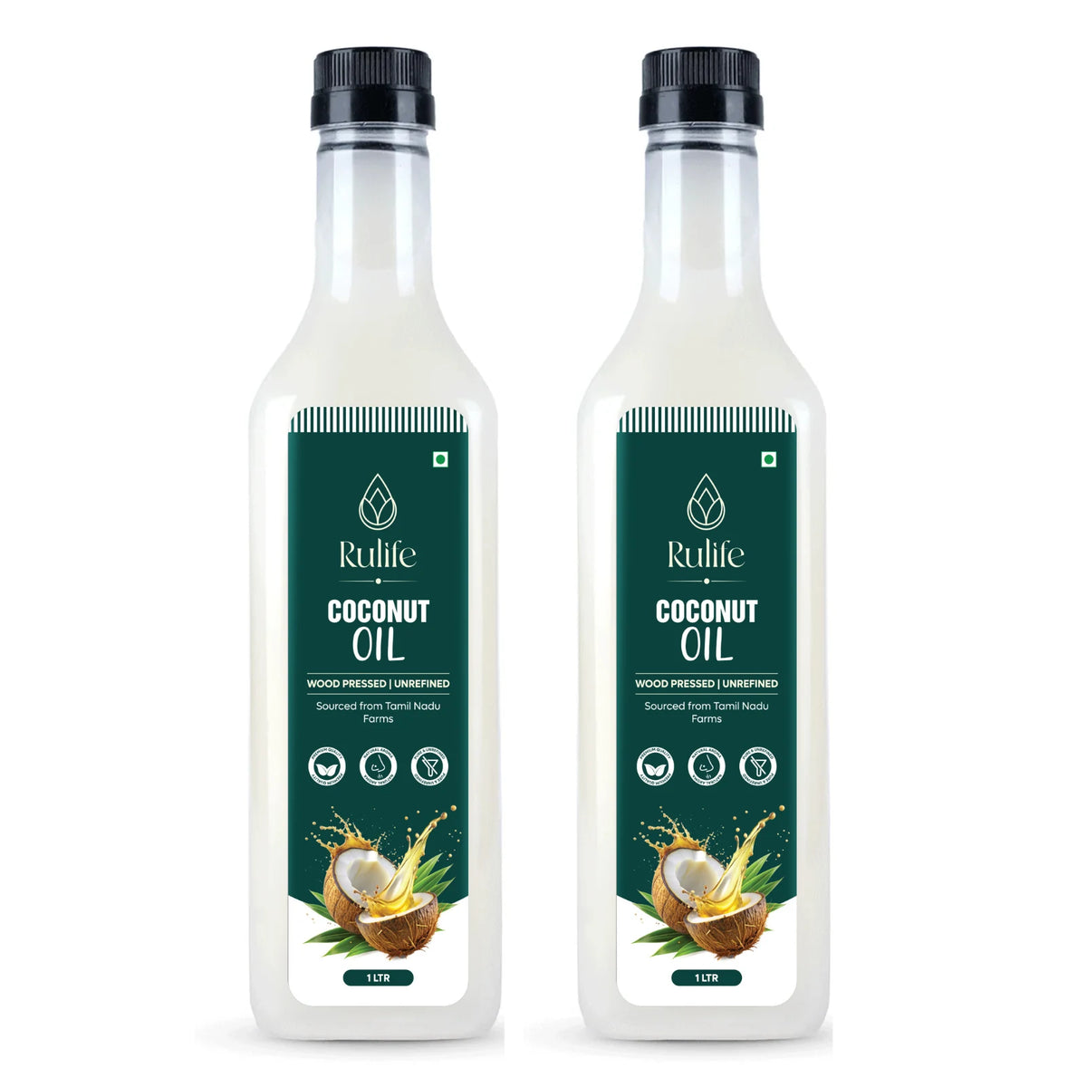 Two bottles of Rulife cold pressed coconut oil 1 litre, wood pressed and unrefined