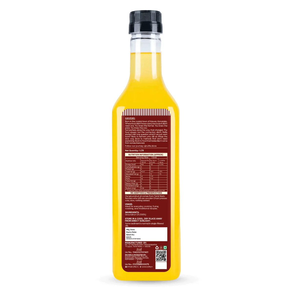 Rulife cold pressed groundnut oil back label with nutrition information, ingredients and storage instructions