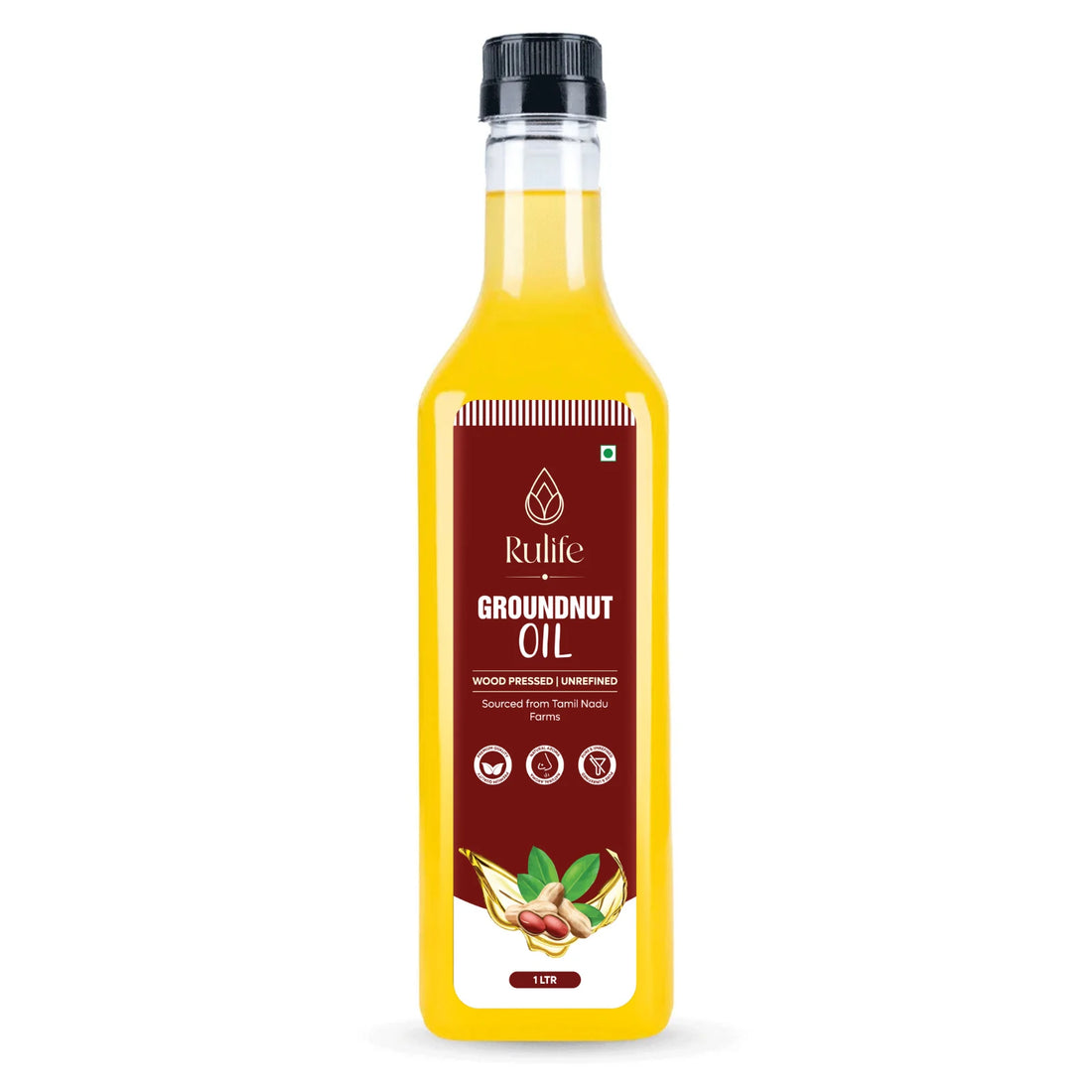 Rulife cold pressed groundnut oil 1 litre glass bottle, wood pressed peanut oil