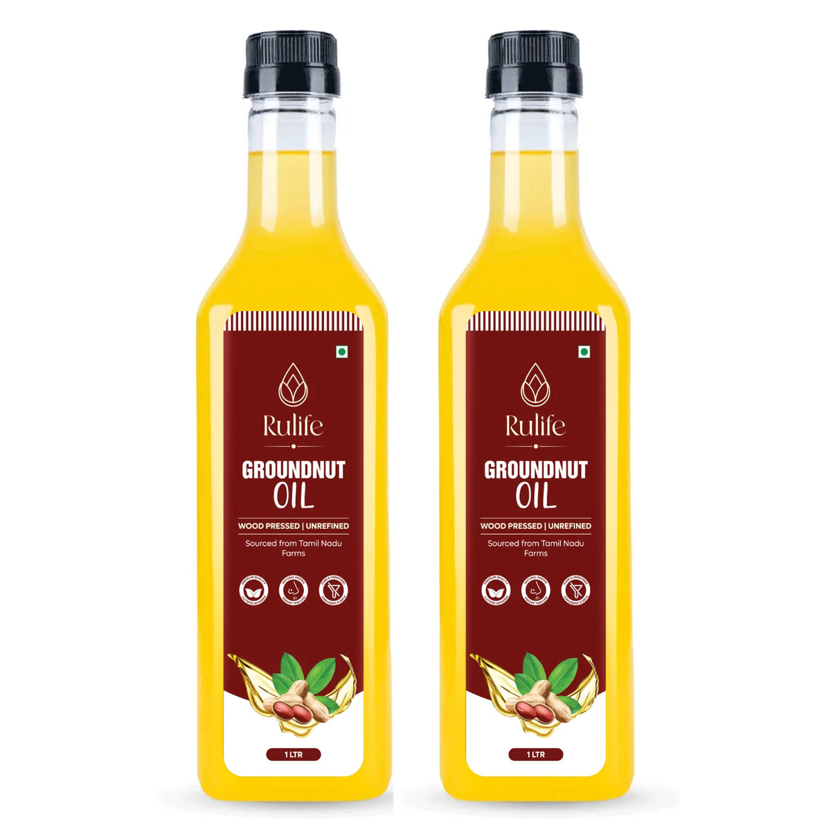 Two bottles of Rulife cold pressed groundnut oil 1 litre, wood pressed and unrefined peanut oil