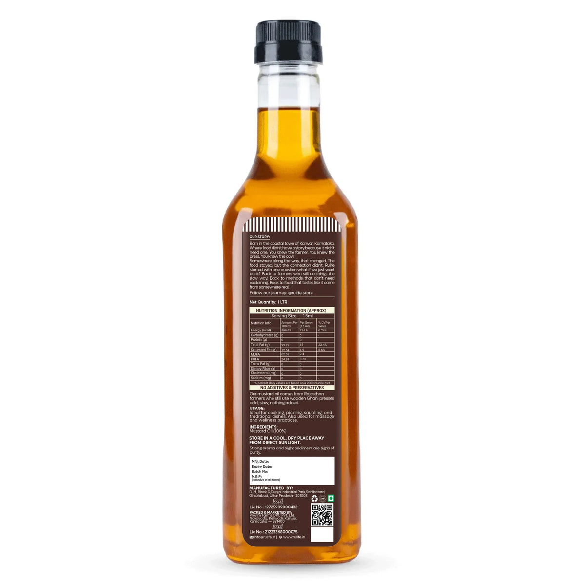 Rulife cold pressed mustard oil back label with nutrition information, ingredients and storage instructions