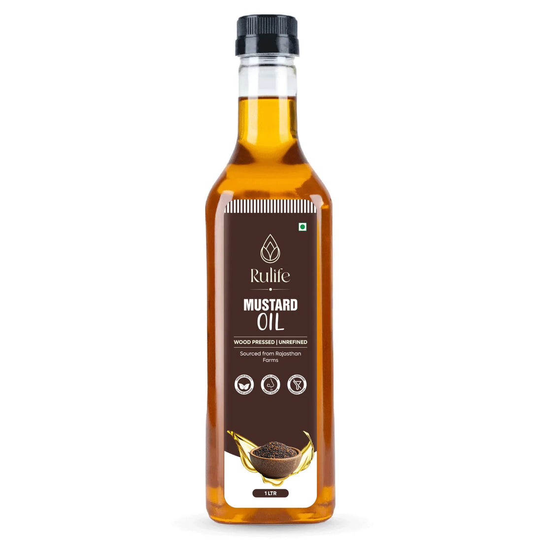 Rulife cold pressed mustard oil 1 litre glass bottle, kachi ghani sarson ka tel