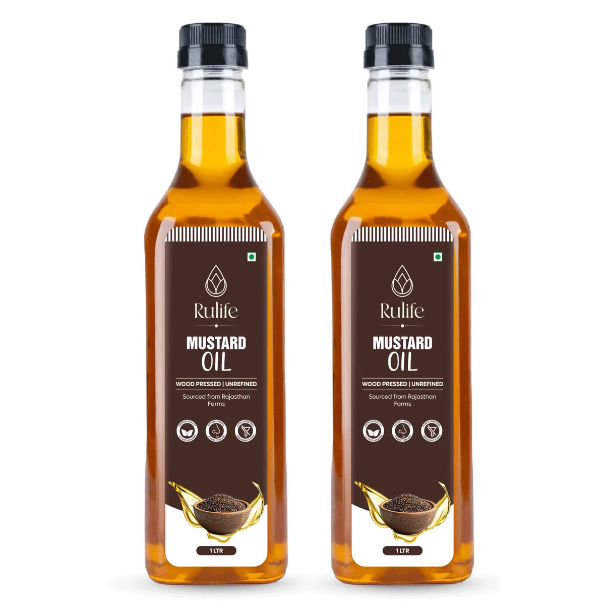 Two bottles of Rulife cold pressed mustard oil 1 litre, wood pressed and unrefined sarson ka tel