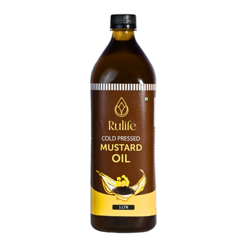 Bottle of Rulife cold pressed mustard oil on a white background